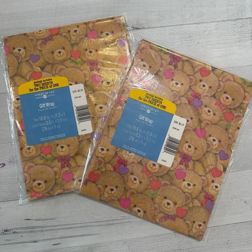 American greetings vintage bear with hearts wrapping paper sheets,‎ two packs